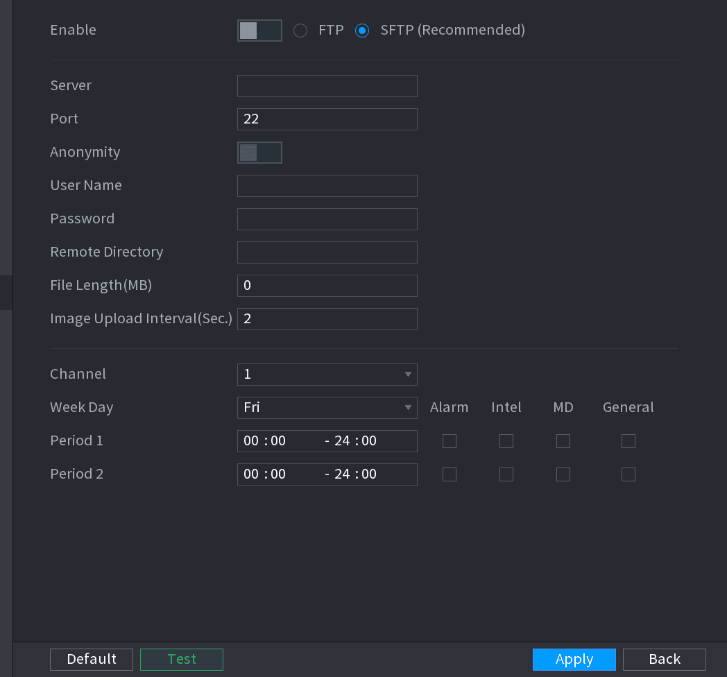 FTP interface with Enable, FTP type, Server, Port, Anonymity, User Name, Password, and schedule settings