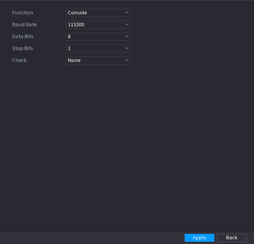 RS232 serial port settings showing Function, Baud Rate, Data Bits, Stop Bits, and Check parameters