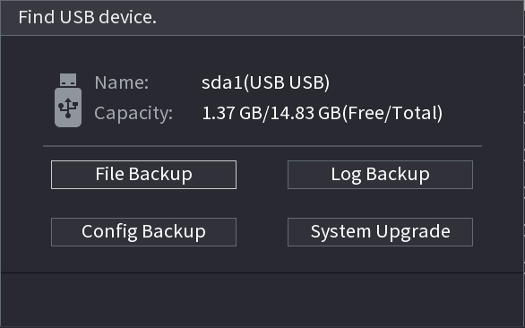 Find USB device dialog showing device name, free/total capacity, and File Backup, Log Backup, Config Backup, and System Upgrade buttons