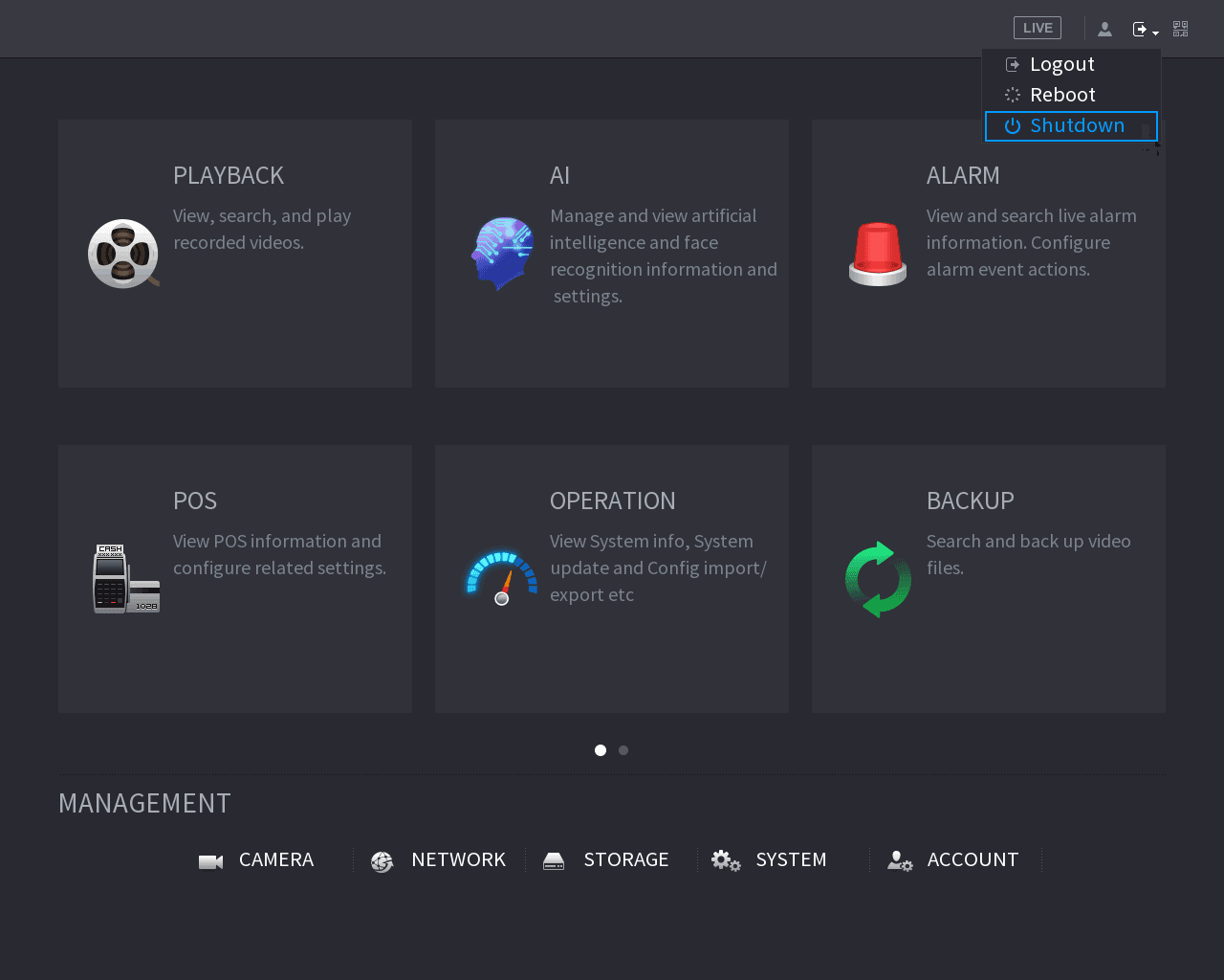 Main menu with the logout/shutdown dropdown open showing Logout, Reboot, and Shutdown options