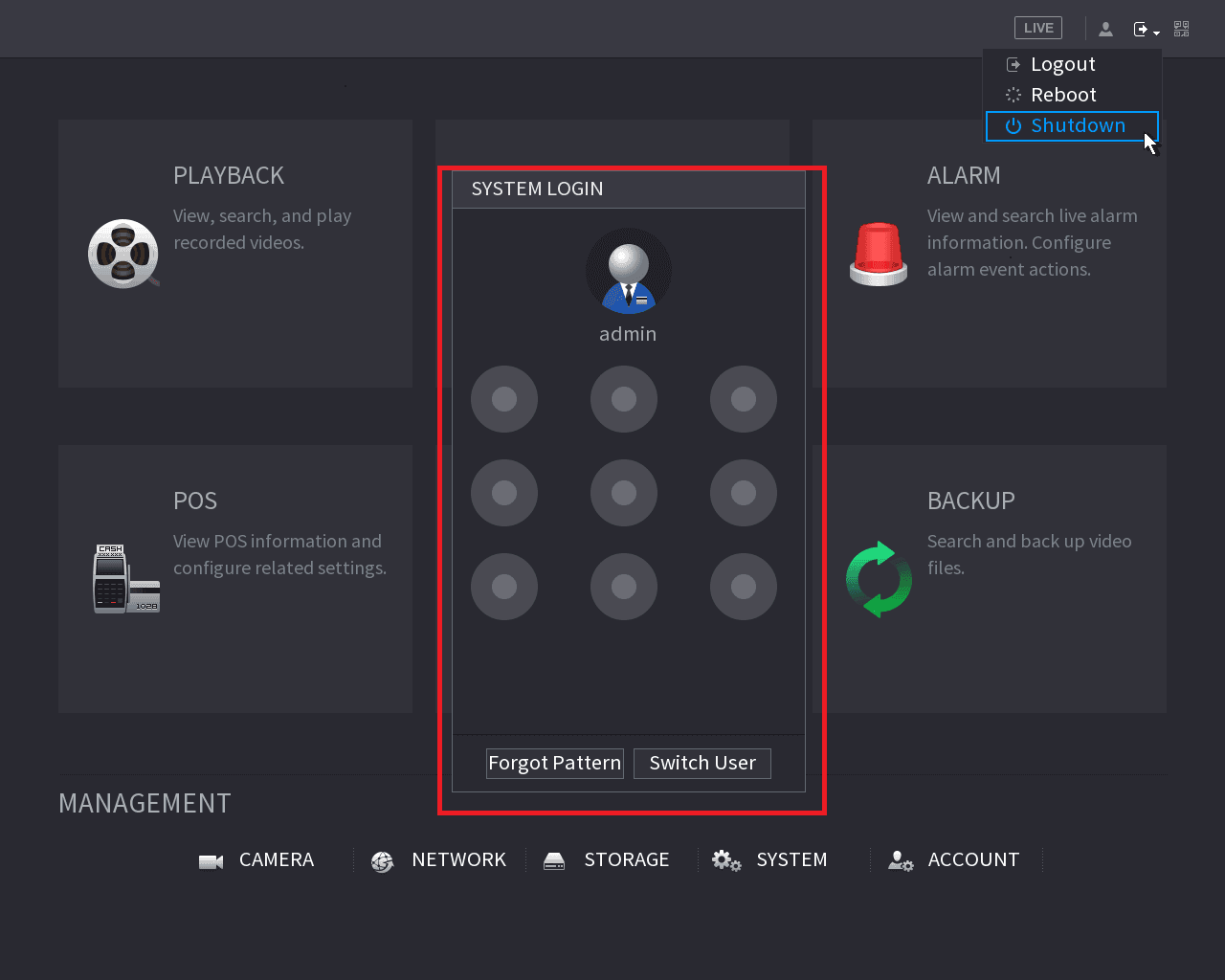 System login dialog prompting for the unlock pattern