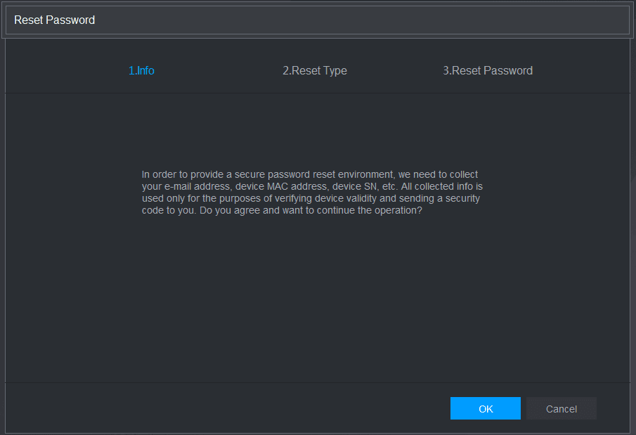 Reset Password Info step asking to agree to collect e-mail, MAC address, and device SN