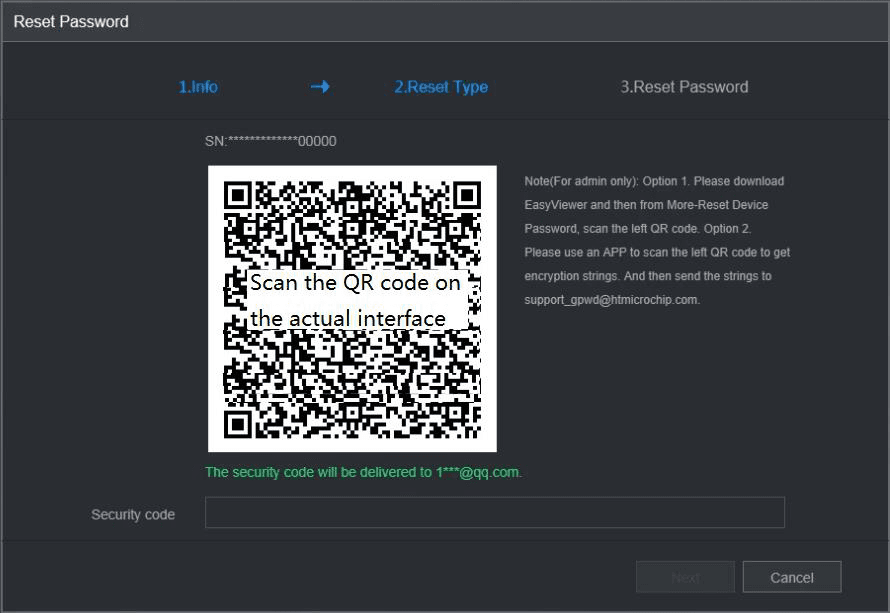 Reset Type step showing the QR code to scan and the security code entry box