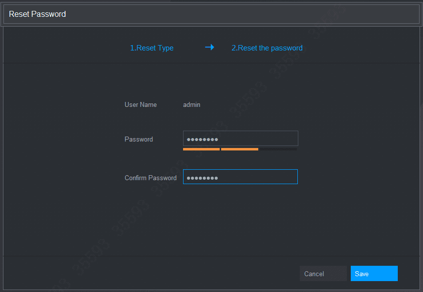 Reset the password step showing User Name, Password, and Confirm Password fields